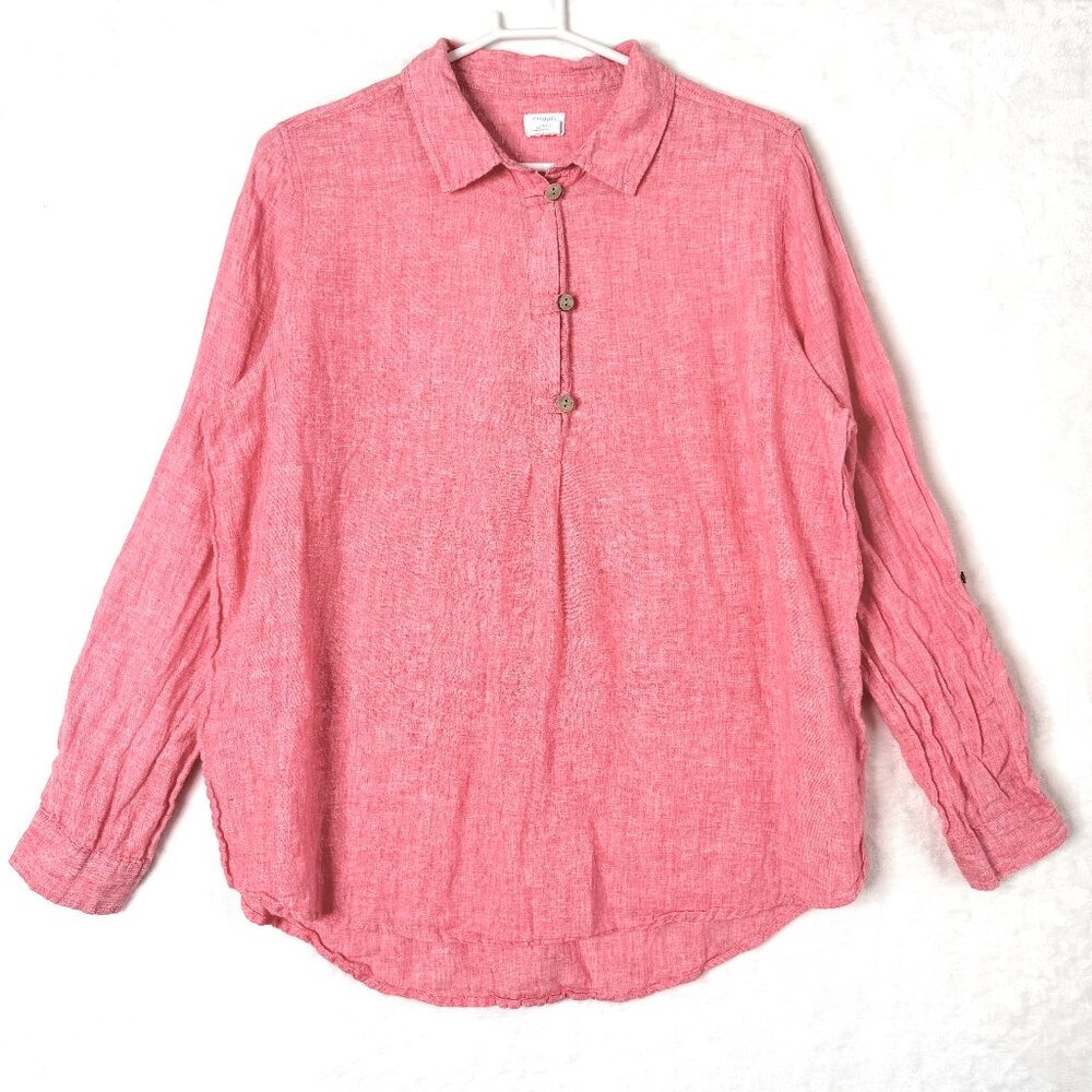 SINGRID OLSEN Linen Pop Over Roll Tab Coastal Colorful Tunic Blouse Shirt XL